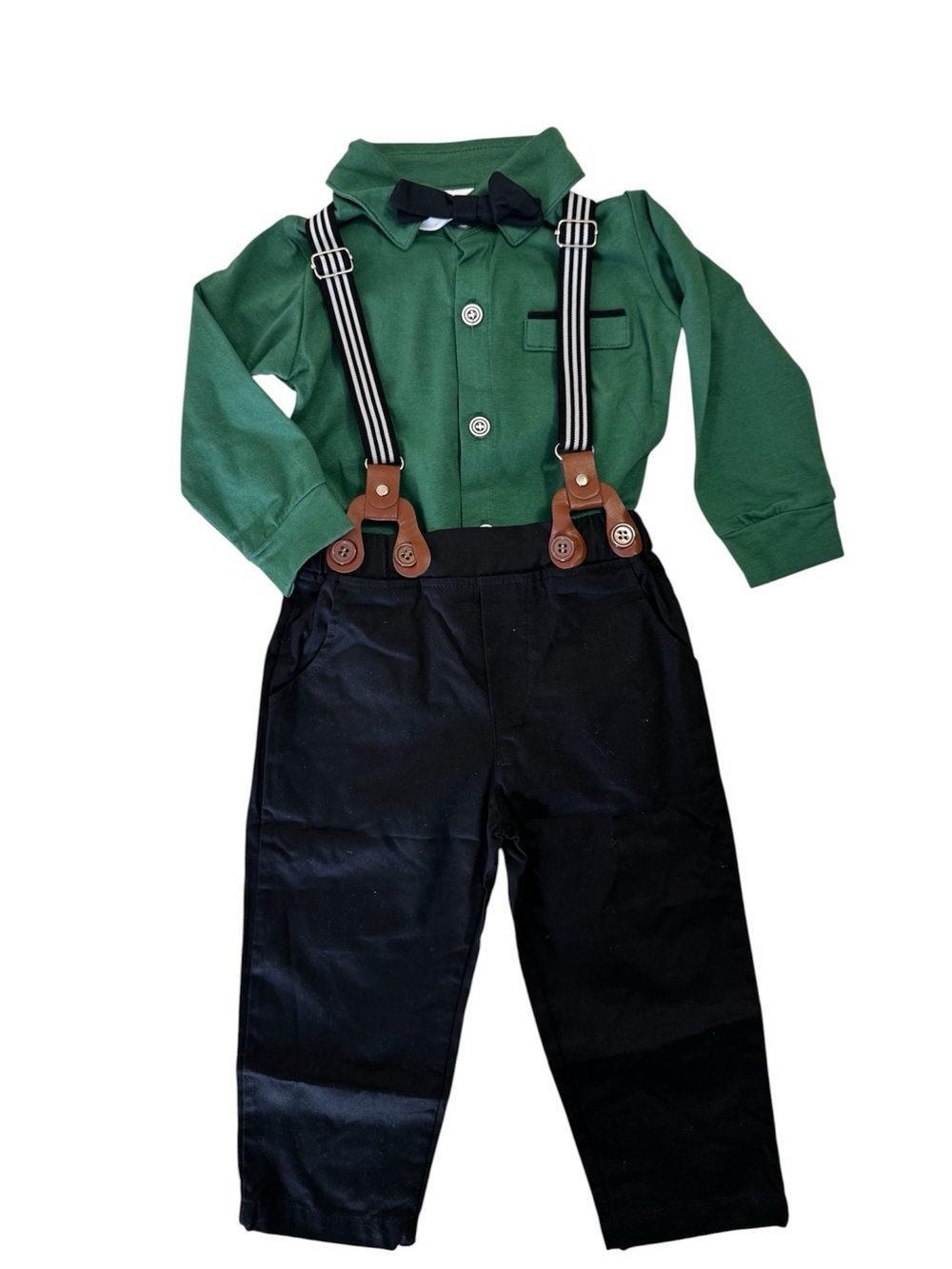 Kids Green Button-Down Shirt with Black Pants & Suspenders Set